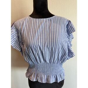 NWT Madewell Med Flutter Sleeve Smocked Top Blue Stripe Peplum Blouse MC797